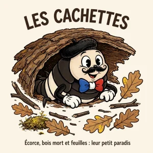 Infographie : les cachettes, écorce et feuilles mortes